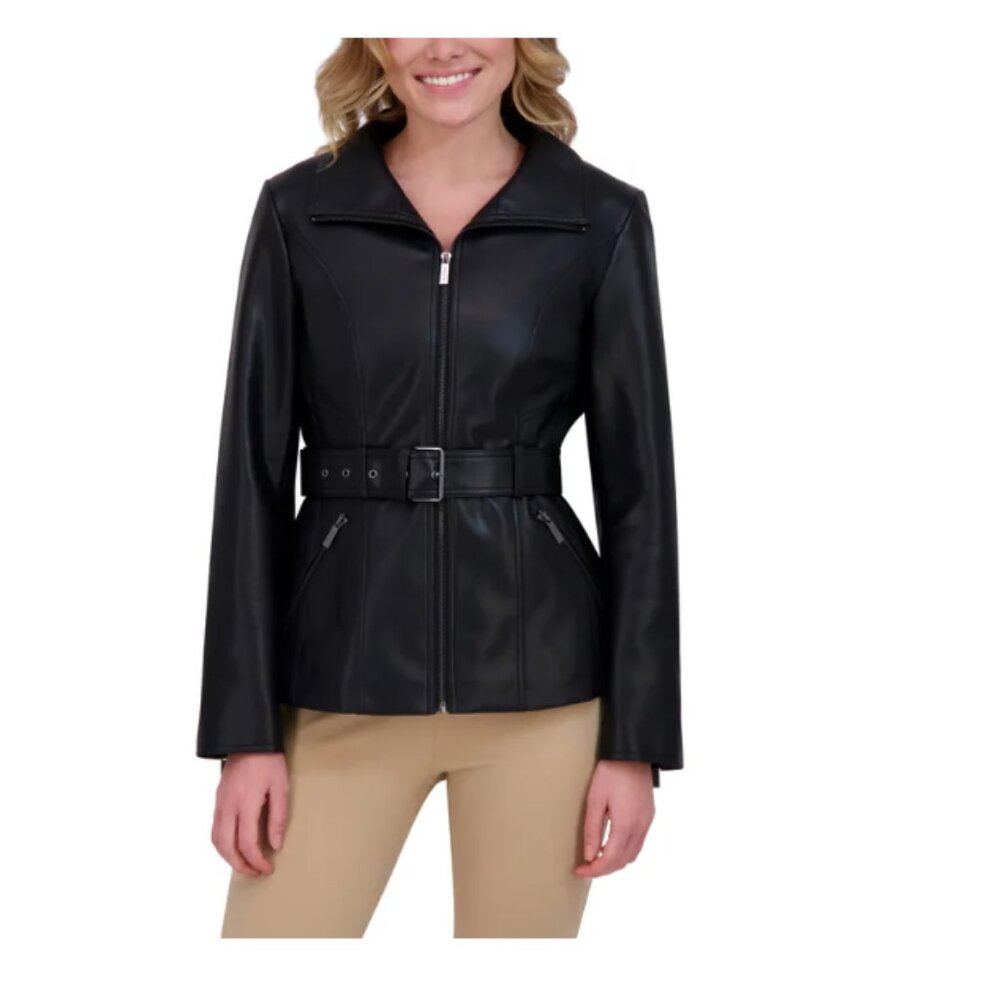 Kenneth Cole Women's Belted Faux Leather Jacket Black - Picture 3 of 4